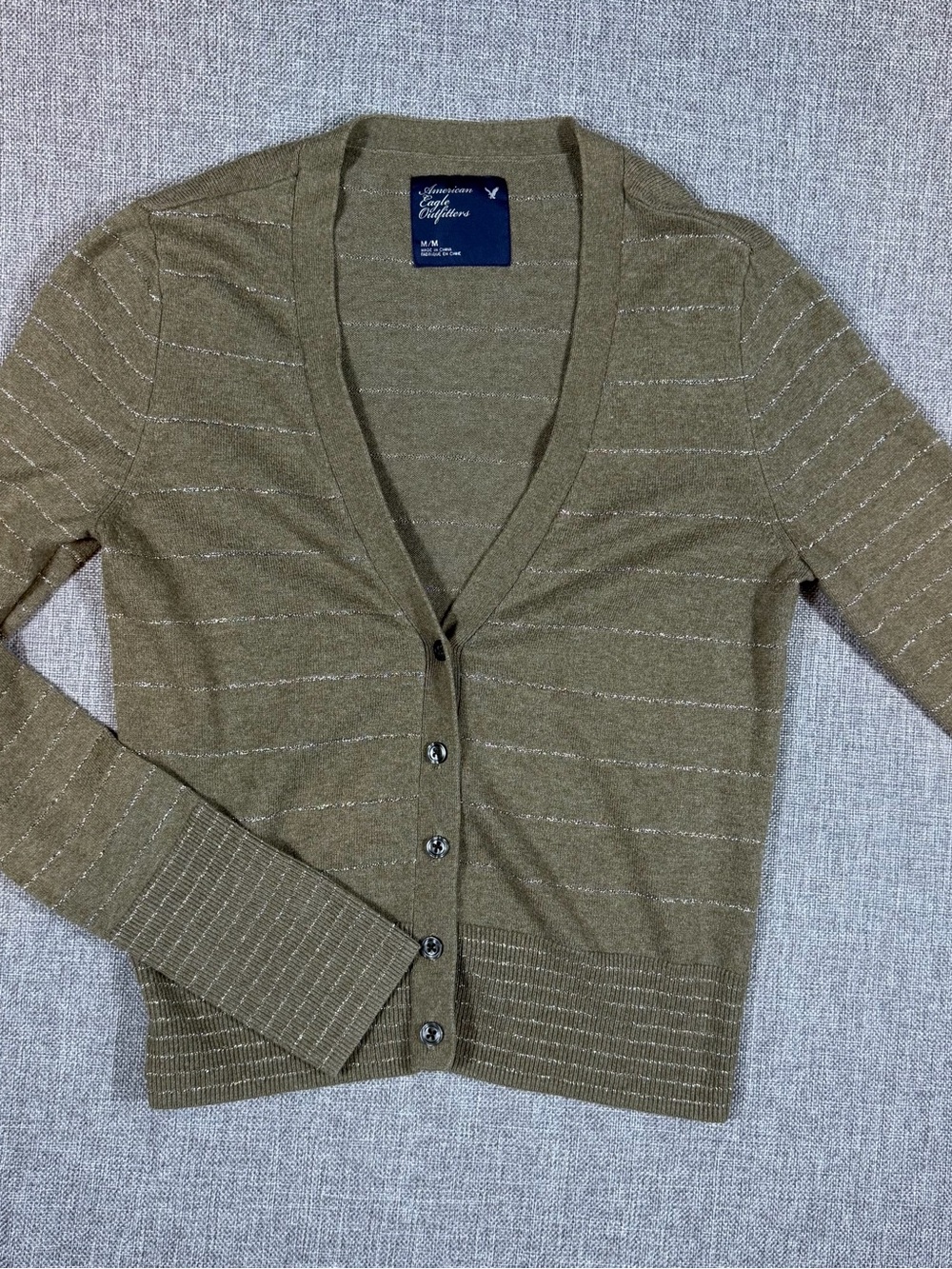 American Eagle Outfitters Olive Brown Metallic-Strip V-Neck Cardigan